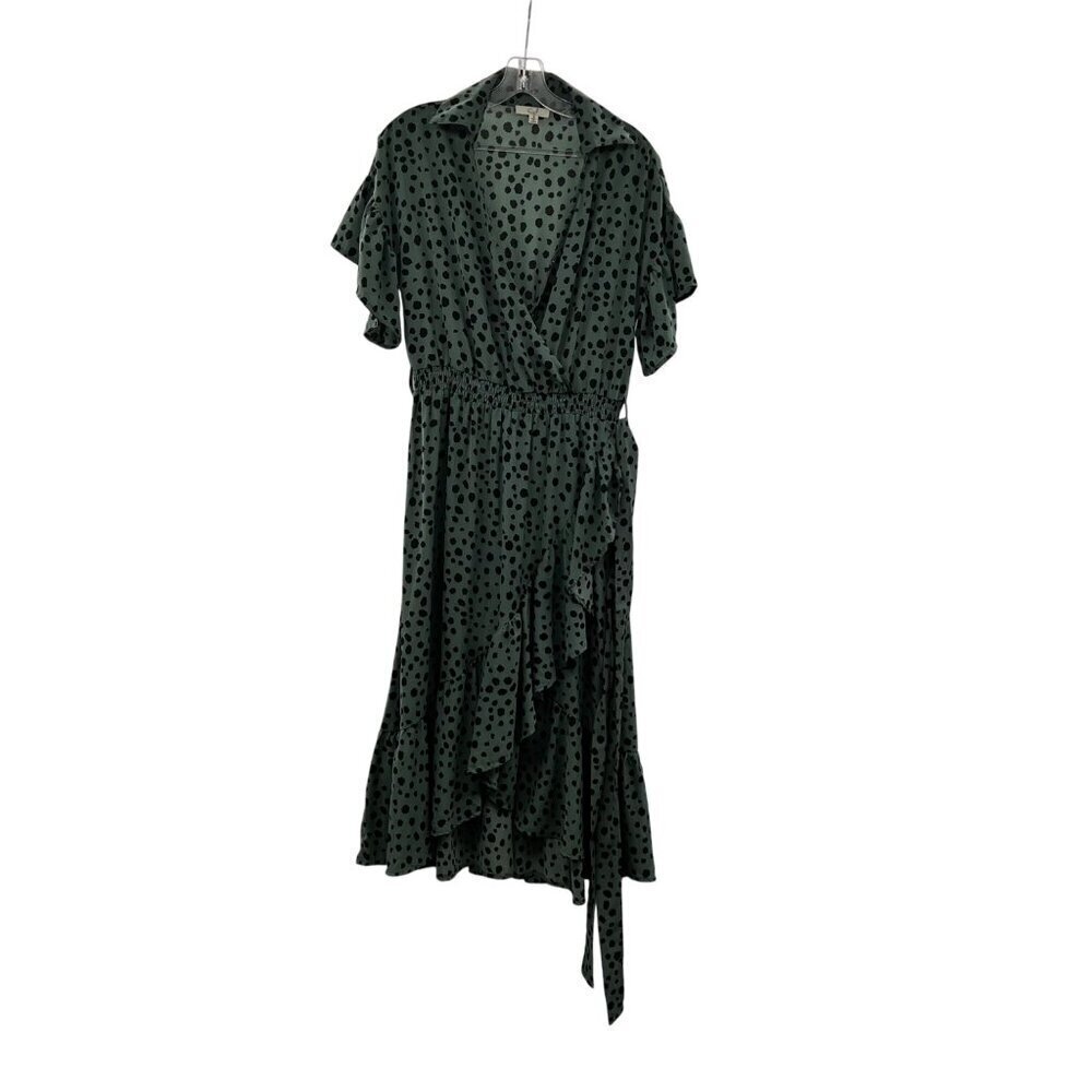Easel Short Sleeve Hi Low Spotted Belted Dress Green/Black Size Small Ruffle Hem